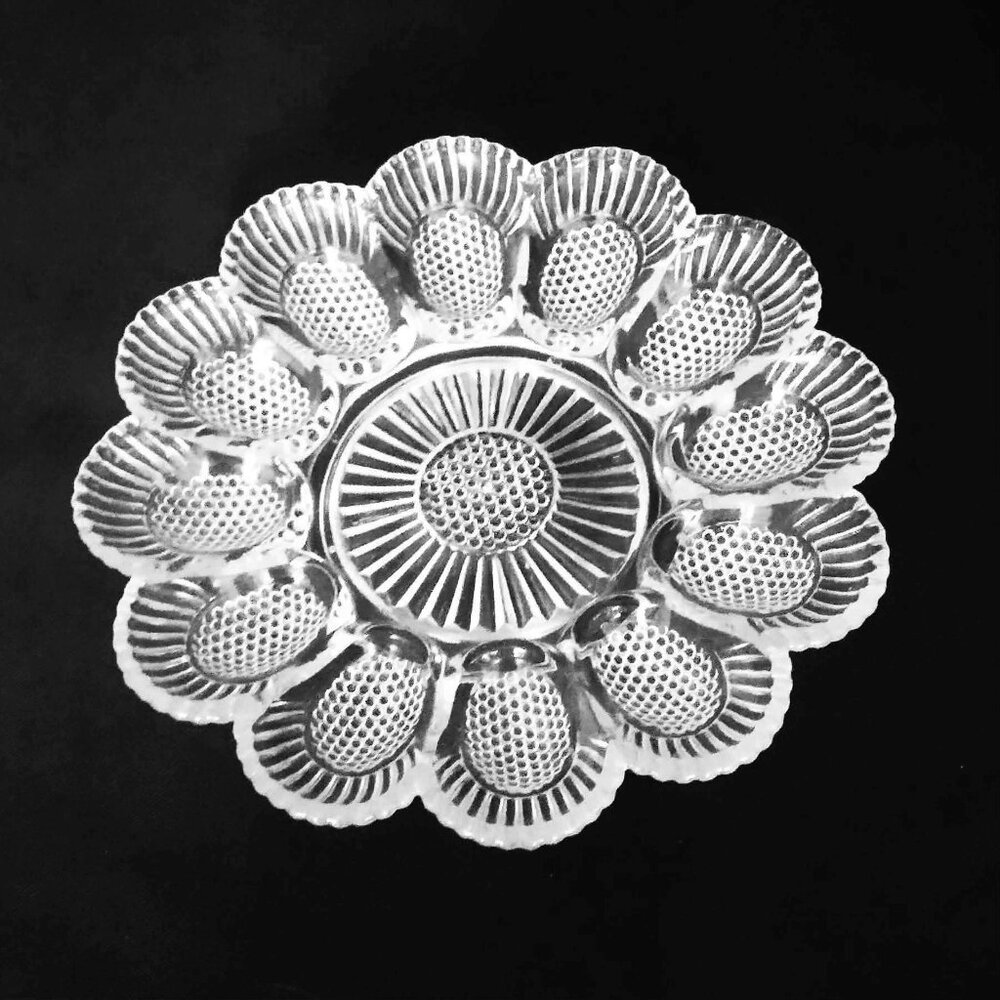 Vintage 60s Mid-20th Century Indiana Glass Sunburst Hobnail and Shell Egg Tray